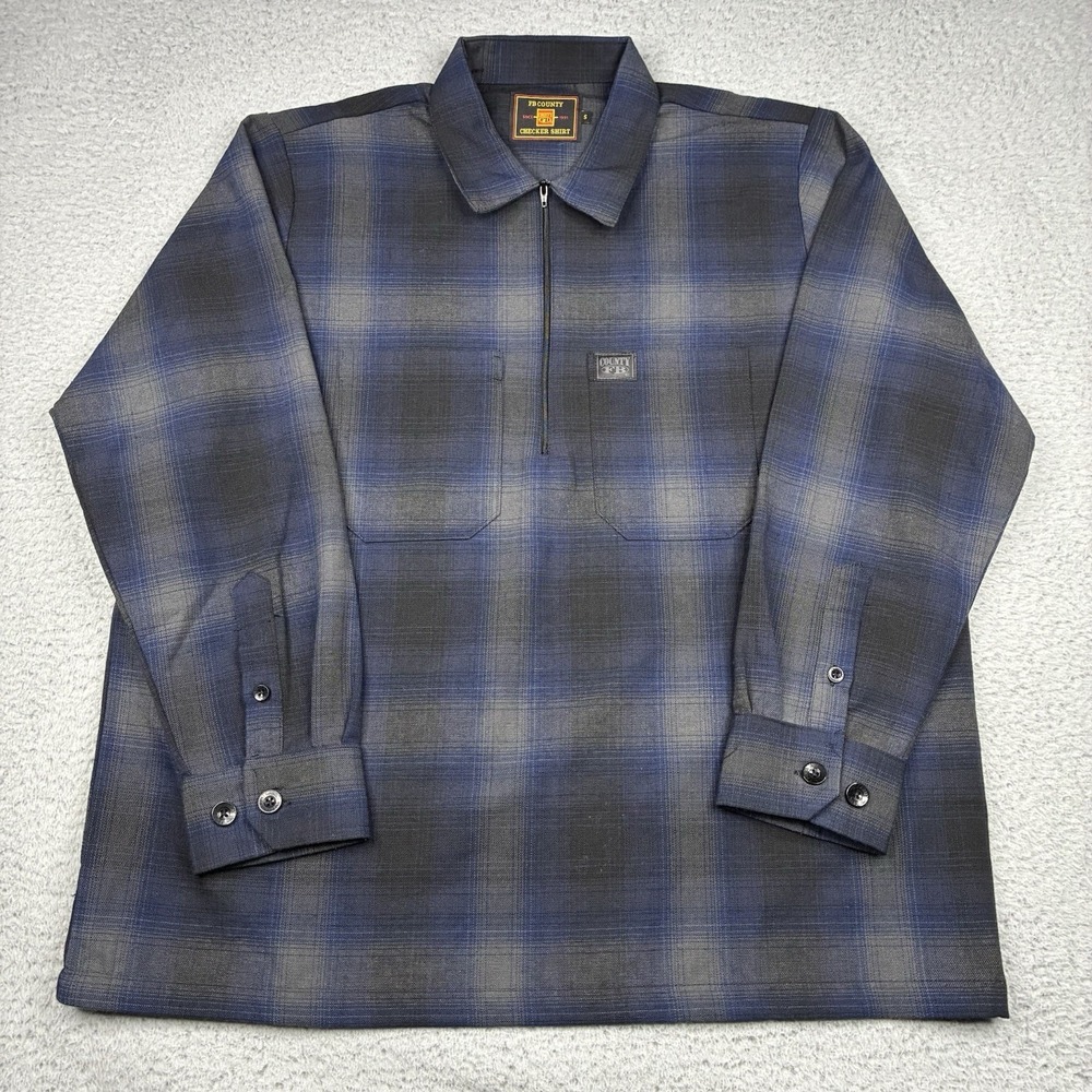 FB County Checker Zip Shirt Men's Small Blue Black Plaid Long Sleeve